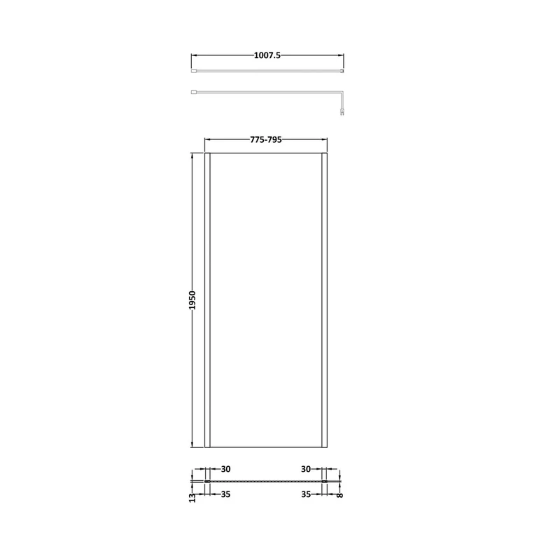 Hudson Reed Wetroom Screens 800mm Outer Framed Wetroom Screen With Support Bar Contemp Matt Black Aluminium 1950x800x14mm
