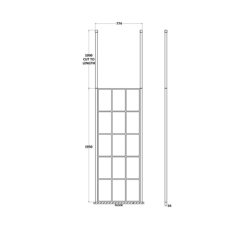 Hudson Reed Wetroom Screens 760mm Frame Screen With Ceiling Posts Contemp Matt Black Aluminium 1950x760x14mm