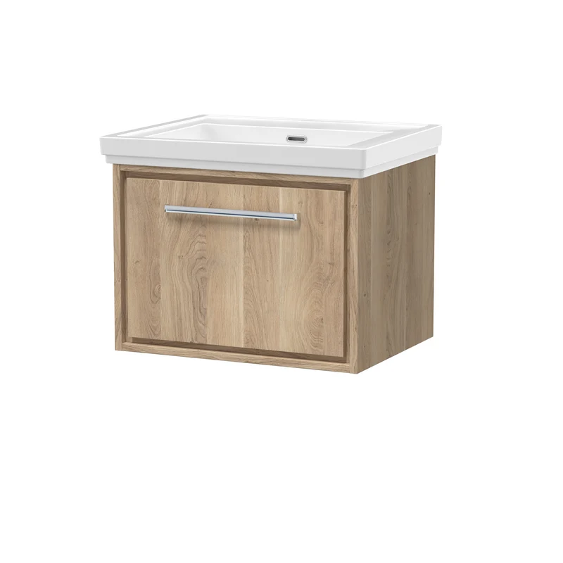 Lille 600mm Wall Hung 1 Drawer Vanity Unit & Traditional Fireclay Basin With No Tap Holes - Bleached Oak Woodgrain