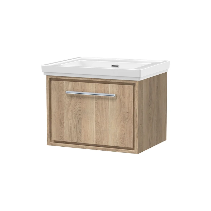 Lille 600mm Wall Hung 1 Drawer Vanity Unit & Traditional Fireclay Basin With No Tap Holes - Bleached Oak Woodgrain