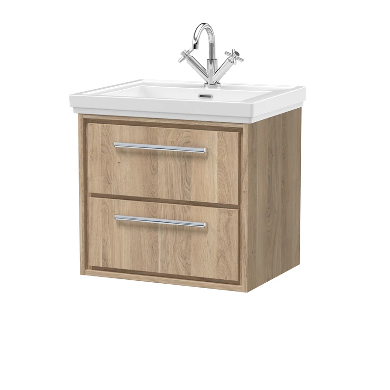 Lille 600mm Wall Hung 2 Drawer Vanity Unit & Traditional Fireclay Basin With 1 Tap Hole - Bleached Oak Woodgrain