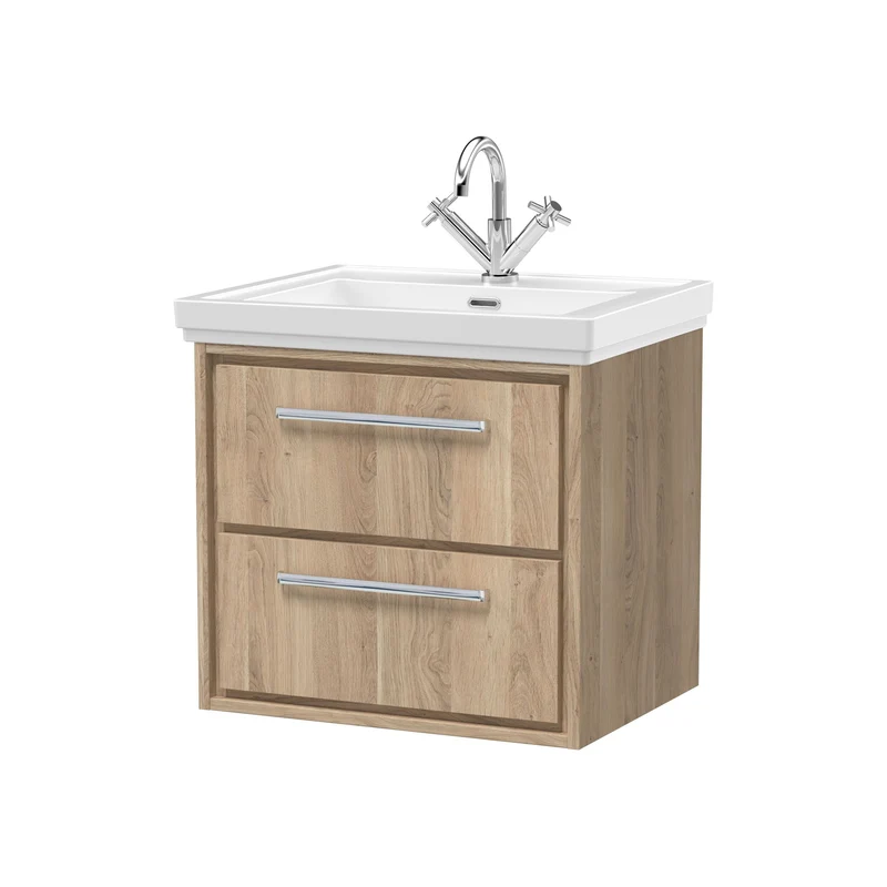 Lille 600mm Wall Hung 2 Drawer Vanity Unit & Traditional Fireclay Basin With 1 Tap Hole - Bleached Oak Woodgrain