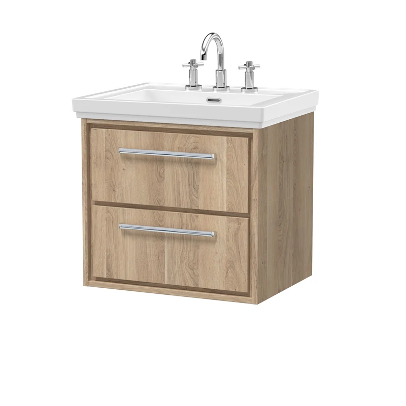 Lille 600mm Wall Hung 2 Drawer Vanity Unit & Traditional Fireclay Basin With 3 Tap Holes - Bleached Oak Woodgrain