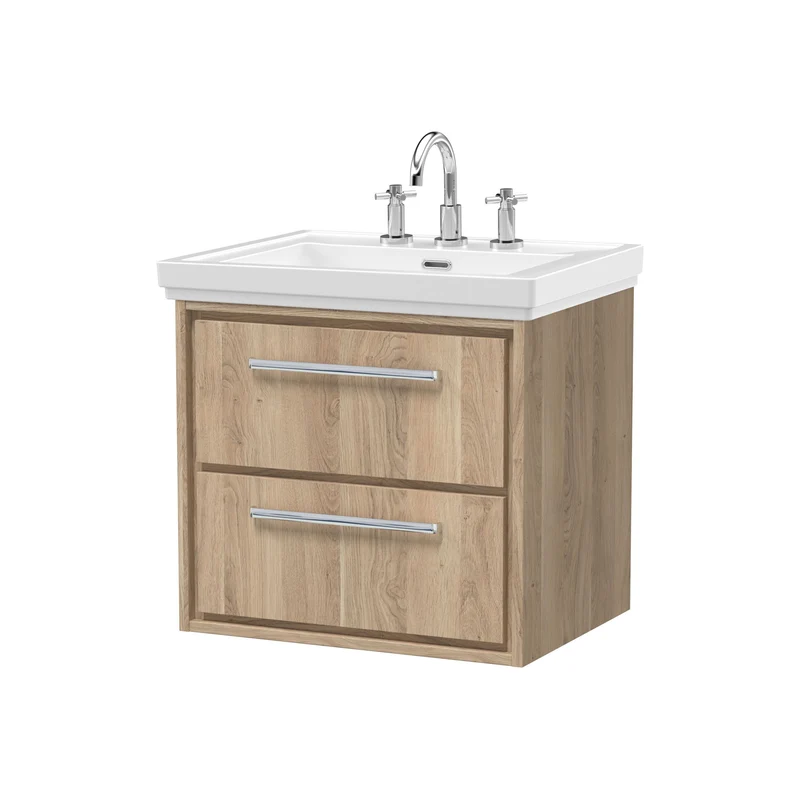 Lille 600mm Wall Hung 2 Drawer Vanity Unit & Traditional Fireclay Basin With 3 Tap Holes - Bleached Oak Woodgrain