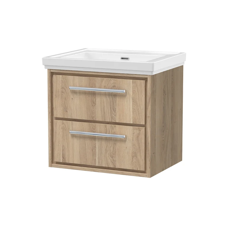 Lille 600mm Wall Hung 2 Drawer Vanity Unit & Traditional Fireclay Basin With No Tap Holes - Bleached Oak Woodgrain