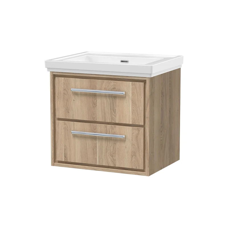 Lille 600mm Wall Hung 2 Drawer Vanity Unit & Traditional Fireclay Basin With No Tap Holes - Bleached Oak Woodgrain