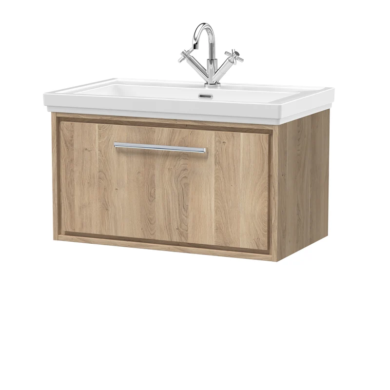 Lille 800mm Wall Hung 1 Drawer Vanity Unit & Traditional Fireclay Basin With 1 Tap Hole - Bleached Oak Woodgrain
