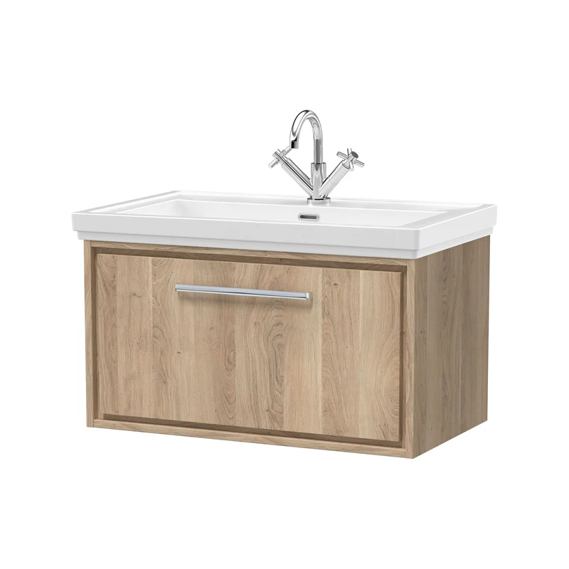Lille 800mm Wall Hung 1 Drawer Vanity Unit & Traditional Fireclay Basin With 1 Tap Hole - Bleached Oak Woodgrain