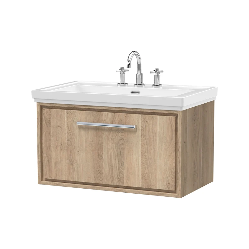 Lille 800mm Wall Hung 1 Drawer Vanity Unit & Traditional Fireclay Basin With 3 Tap Holes - Bleached Oak Woodgrain