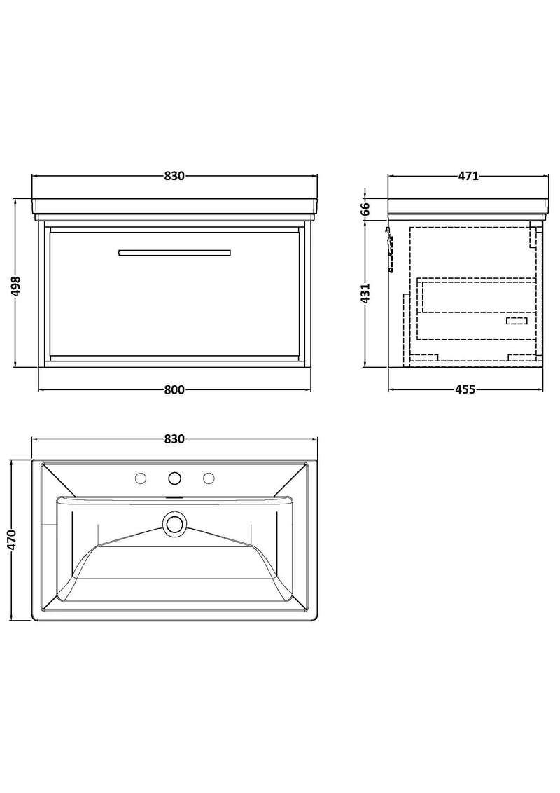 Lille 800mm Wall Hung 1 Drawer Vanity Unit & Traditional Fireclay Basin With 3 Tap Holes - Bleached Oak Woodgrain