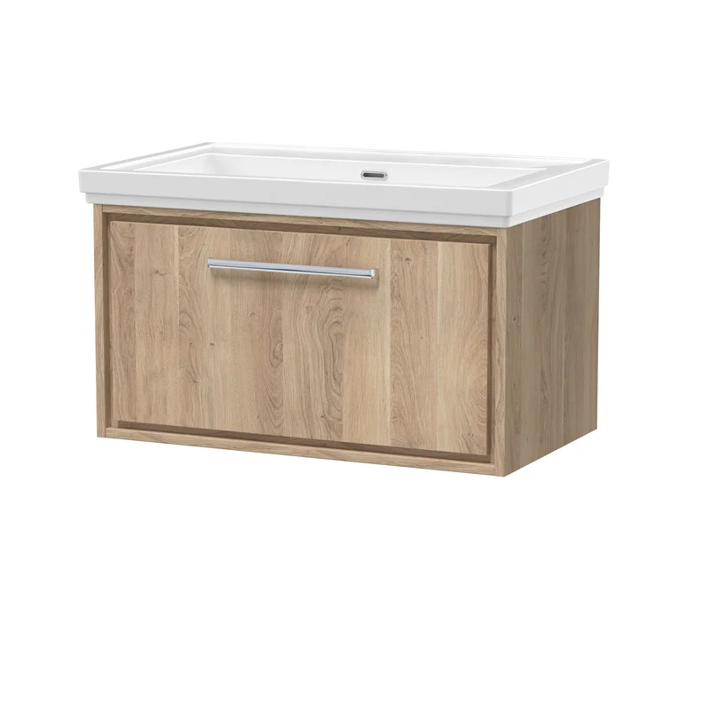 Lille 800mm Wall Hung 1 Drawer Vanity Unit & Traditional Fireclay Basin With No Tap Holes - Bleached Oak Woodgrain