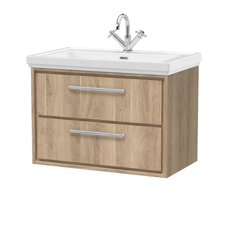 Lille 800mm Wall Hung 2 Drawer Vanity Unit & Traditional Fireclay Basin With 1 Tap Hole - Bleached Oak Woodgrain