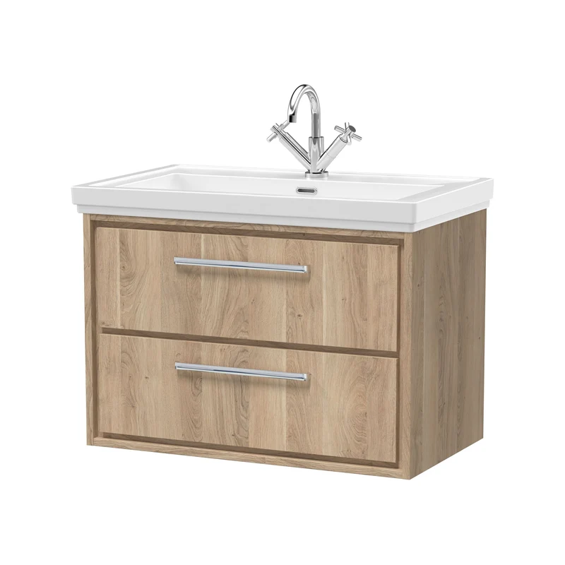 Lille 800mm Wall Hung 2 Drawer Vanity Unit & Traditional Fireclay Basin With 1 Tap Hole - Bleached Oak Woodgrain