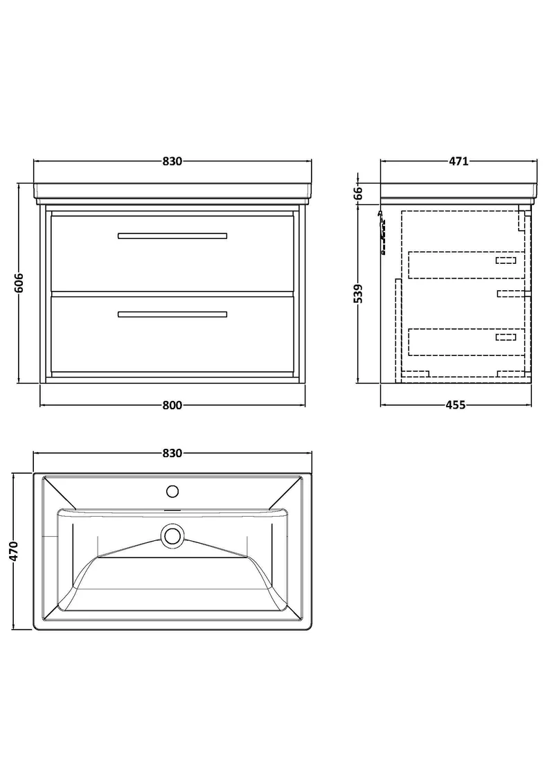 Lille 800mm Wall Hung 2 Drawer Vanity Unit & Traditional Fireclay Basin With 1 Tap Hole - Bleached Oak Woodgrain