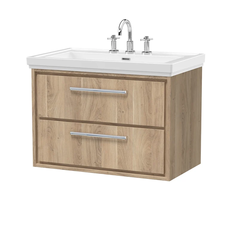 Lille 800mm Wall Hung 2 Drawer Vanity Unit & Traditional Fireclay Basin With 3 Tap Holes - Bleached Oak Woodgrain