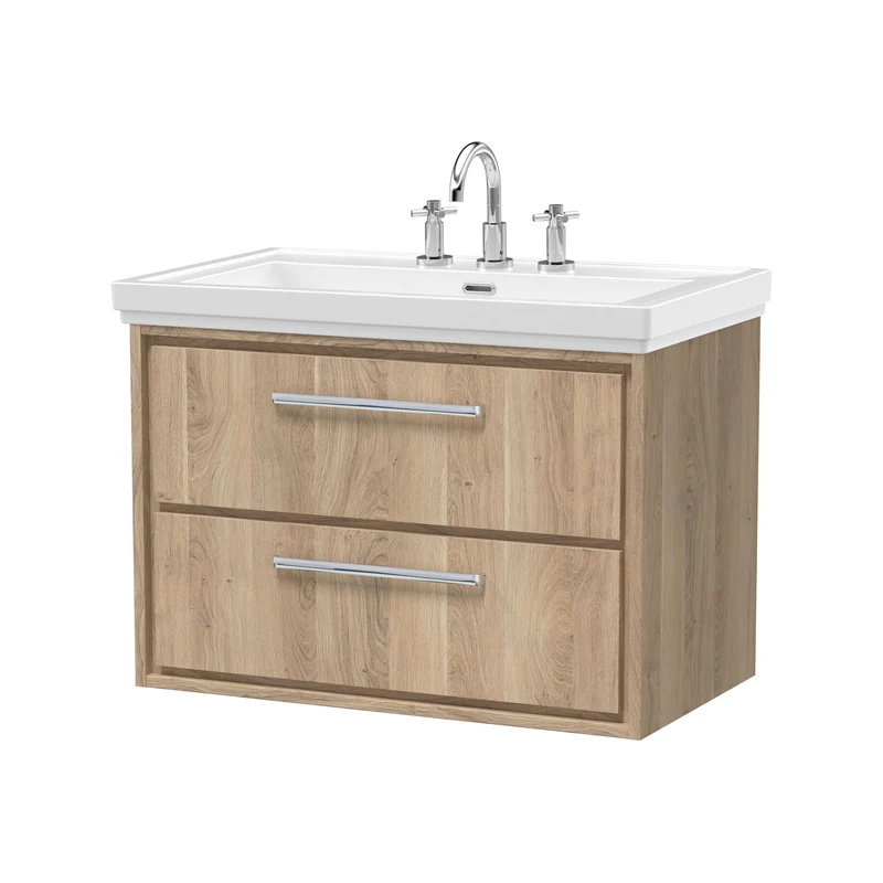 Lille 800mm Wall Hung 2 Drawer Vanity Unit & Traditional Fireclay Basin With 3 Tap Holes - Bleached Oak Woodgrain