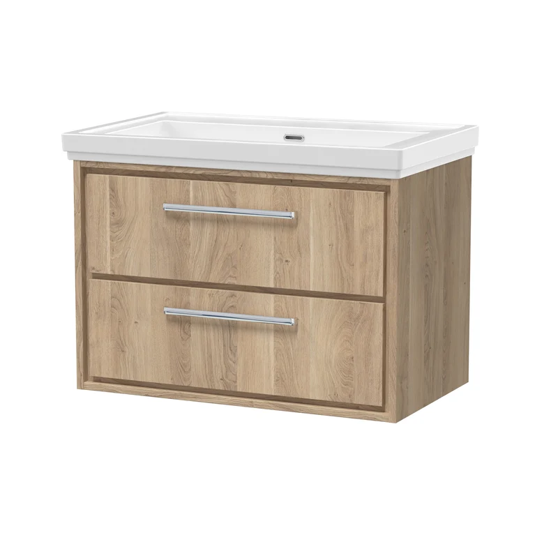Lille 800mm Wall Hung 2 Drawer Vanity Unit & Traditional Fireclay Basin With No Tap Holes - Bleached Oak Woodgrain