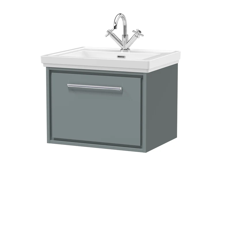 Lille 600mm Wall Hung 1 Drawer Vanity Unit & Traditional Fireclay Basin With 1 Tap Hole - Coastal Grey Matt