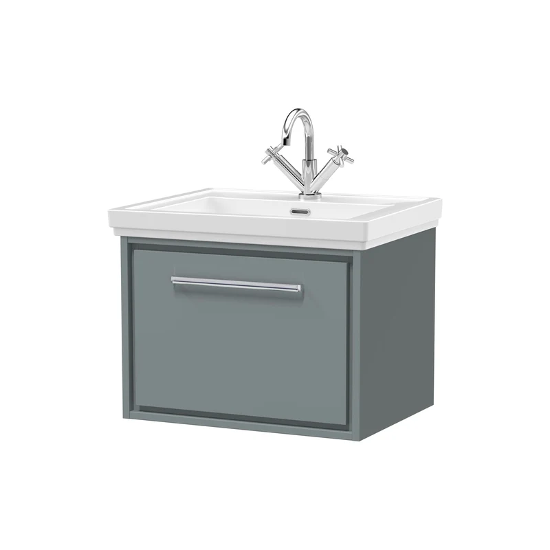 Lille 600mm Wall Hung 1 Drawer Vanity Unit & Traditional Fireclay Basin With 1 Tap Hole - Coastal Grey Matt