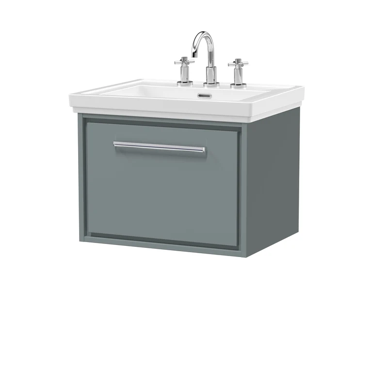 Lille 600mm Wall Hung 1 Drawer Vanity Unit & Traditional Fireclay Basin With 3 Tap Holes - Coastal Grey Matt