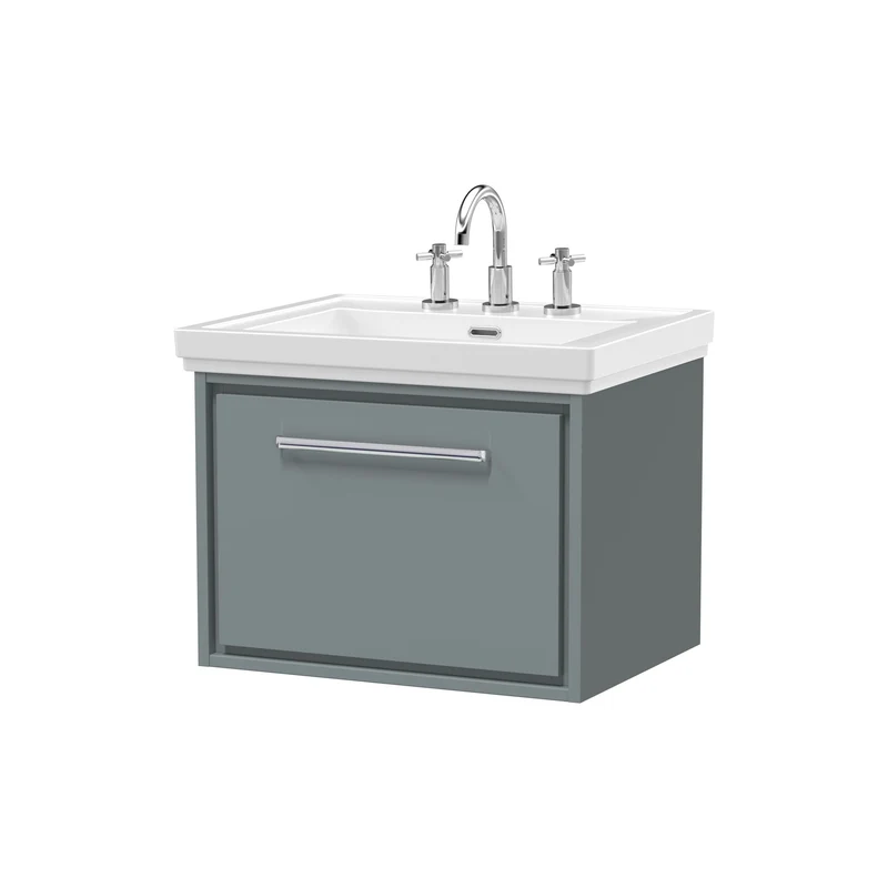 Lille 600mm Wall Hung 1 Drawer Vanity Unit & Traditional Fireclay Basin With 3 Tap Holes - Coastal Grey Matt