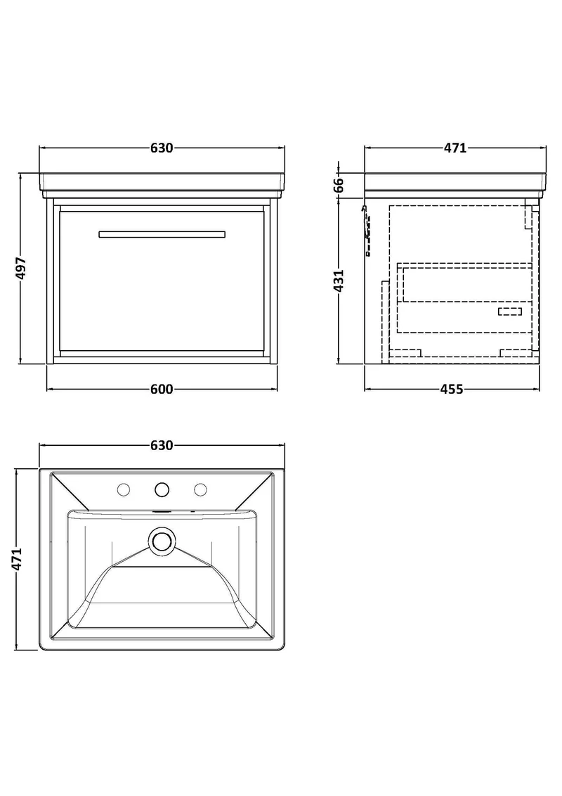 Lille 600mm Wall Hung 1 Drawer Vanity Unit & Traditional Fireclay Basin With 3 Tap Holes - Coastal Grey Matt