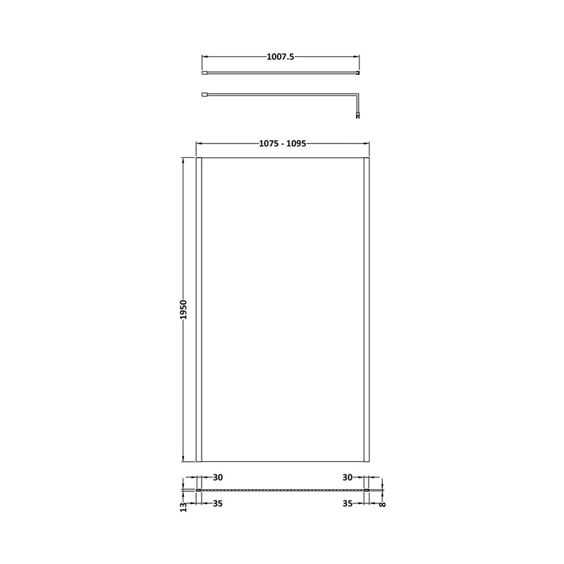 Hudson Reed Wetroom Screens 1100mm Outer Framed Wetroom Screen With Support Bar Contemp Brushed Brass Aluminium 1950x1100x14mm