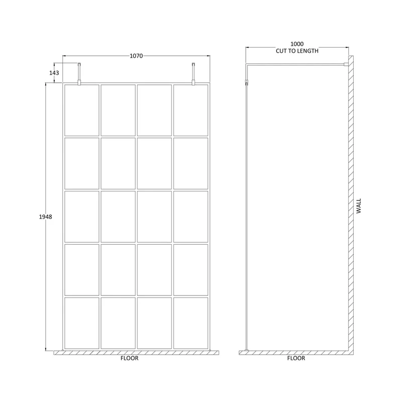 Hudson Reed Wetroom Screens 1100mm Frame Screen With Arms And Feet Contemp Matt Black Aluminium 1950x1100x14mm