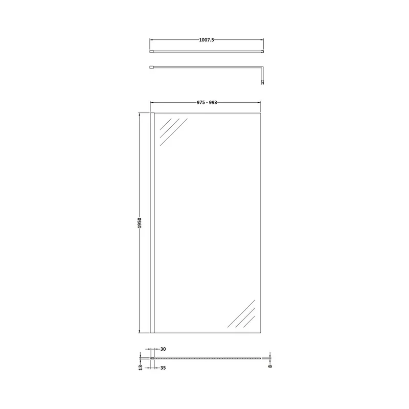 Hudson Reed Wetroom Screens 1000mm Wetroom Screen With Black Support Bar Contemp Matt Black Aluminium 1950x1000x14mm