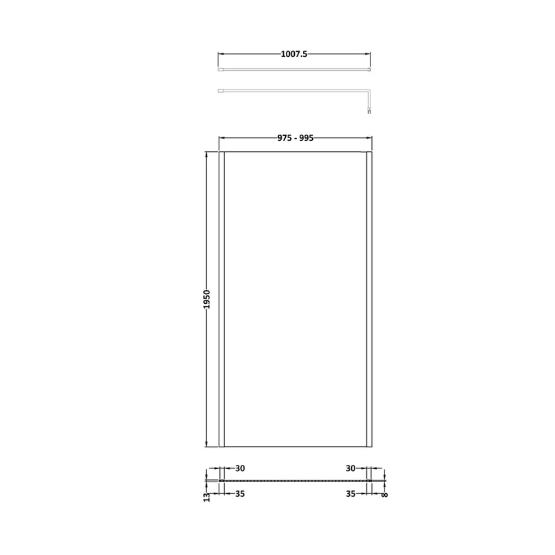 Hudson Reed Wetroom Screens 1000mm Outer Framed Wetroom Screen With Support Bar Contemp Brushed Brass Aluminium 1950x1000x14mm