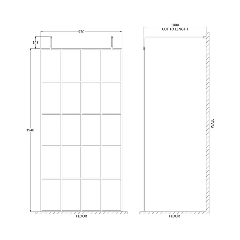 Hudson Reed Wetroom Screens 1000mm Frame Screen With Arms And Feet Contemp Matt Black Aluminium 1950x1000x14mm