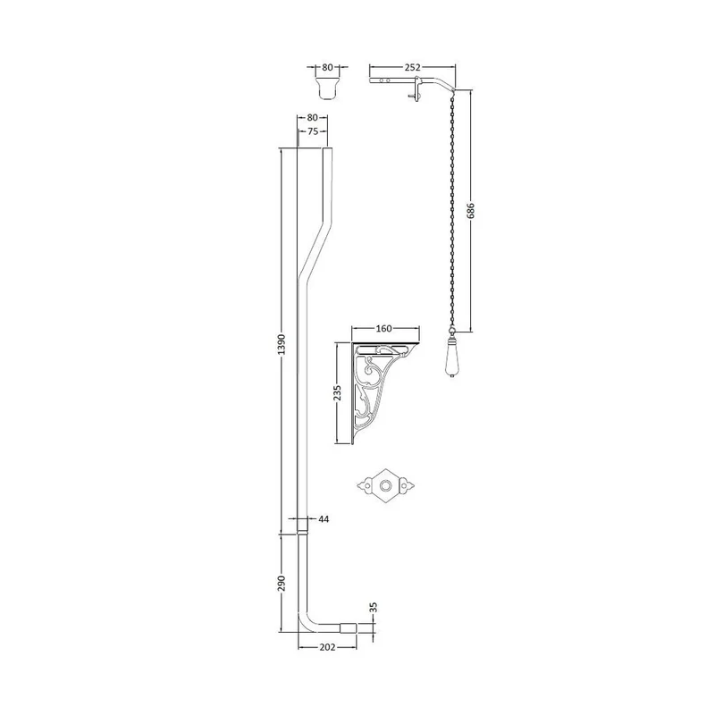 Hudson Reed Toilet Accessories High Level Flush Pipe Pack Trad Chrome Brass 1680x80x202mm