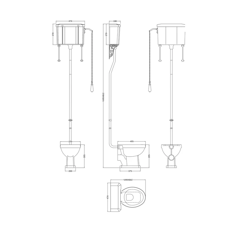 Hudson Reed Richmond High Level Pan, Cistern & Flush Pipe Kit Trad Gloss White Vitreous China 2140x465x625mm