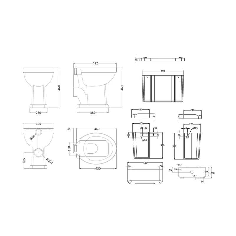 Hudson Reed Richmond Comfort Height High Level Wc & Flush Pipe Trad Gloss White Vitreous China 2196x465x625mm