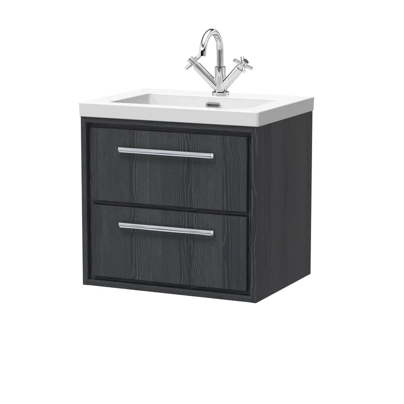 Lille 600mm Wall Hung 2 Drawer Vanity Unit & Modern Fireclay Basin With 1 Tap Hole - Graphite Grey Woodgrain