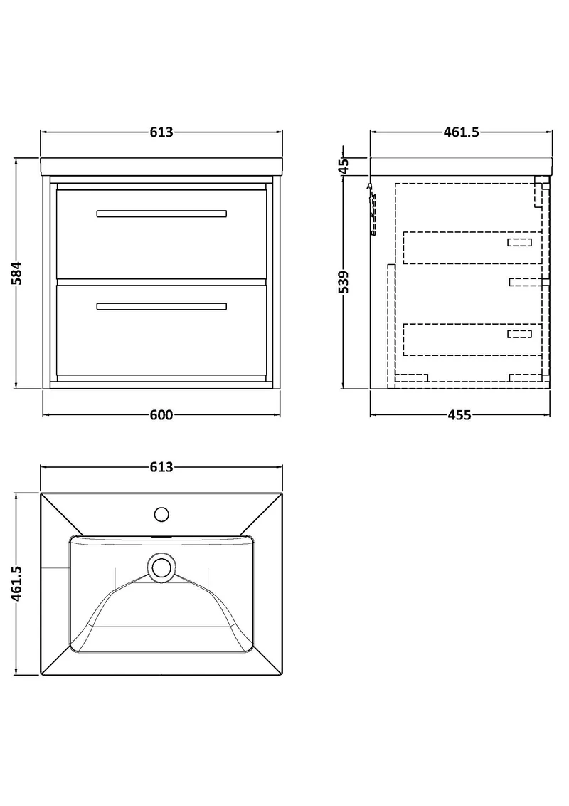 Lille 600mm Wall Hung 2 Drawer Vanity Unit & Modern Fireclay Basin With 1 Tap Hole - Graphite Grey Woodgrain