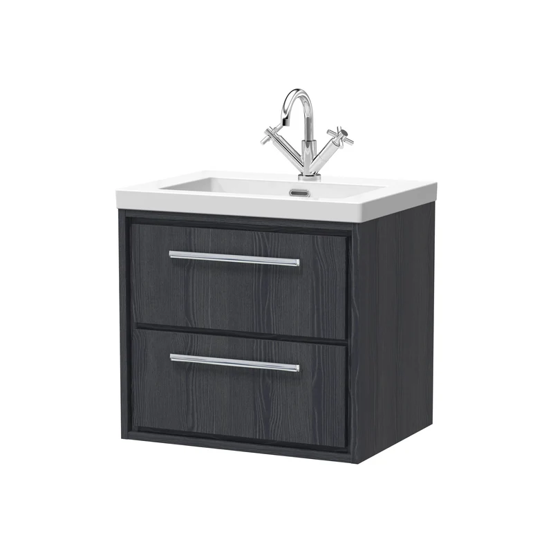 Lille 600mm Wall Hung 2 Drawer Vanity Unit & Modern Fireclay Basin With 1 Tap Hole - Graphite Grey Woodgrain