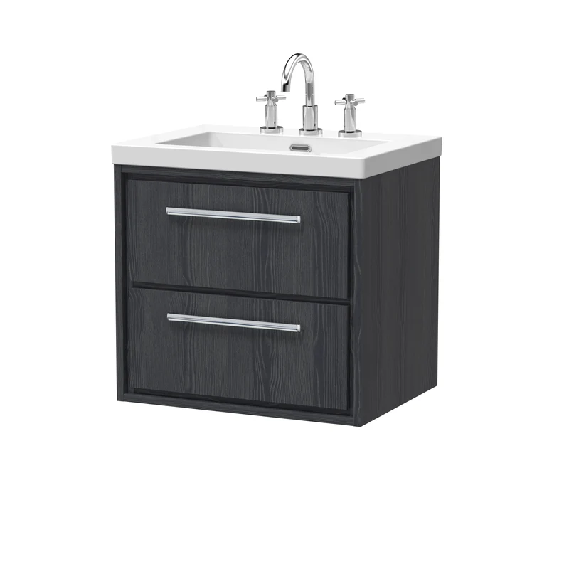 Lille 600mm Wall Hung 2 Drawer Vanity Unit & Modern Fireclay Basin With 3 Tap Holes - Graphite Grey Woodgrain