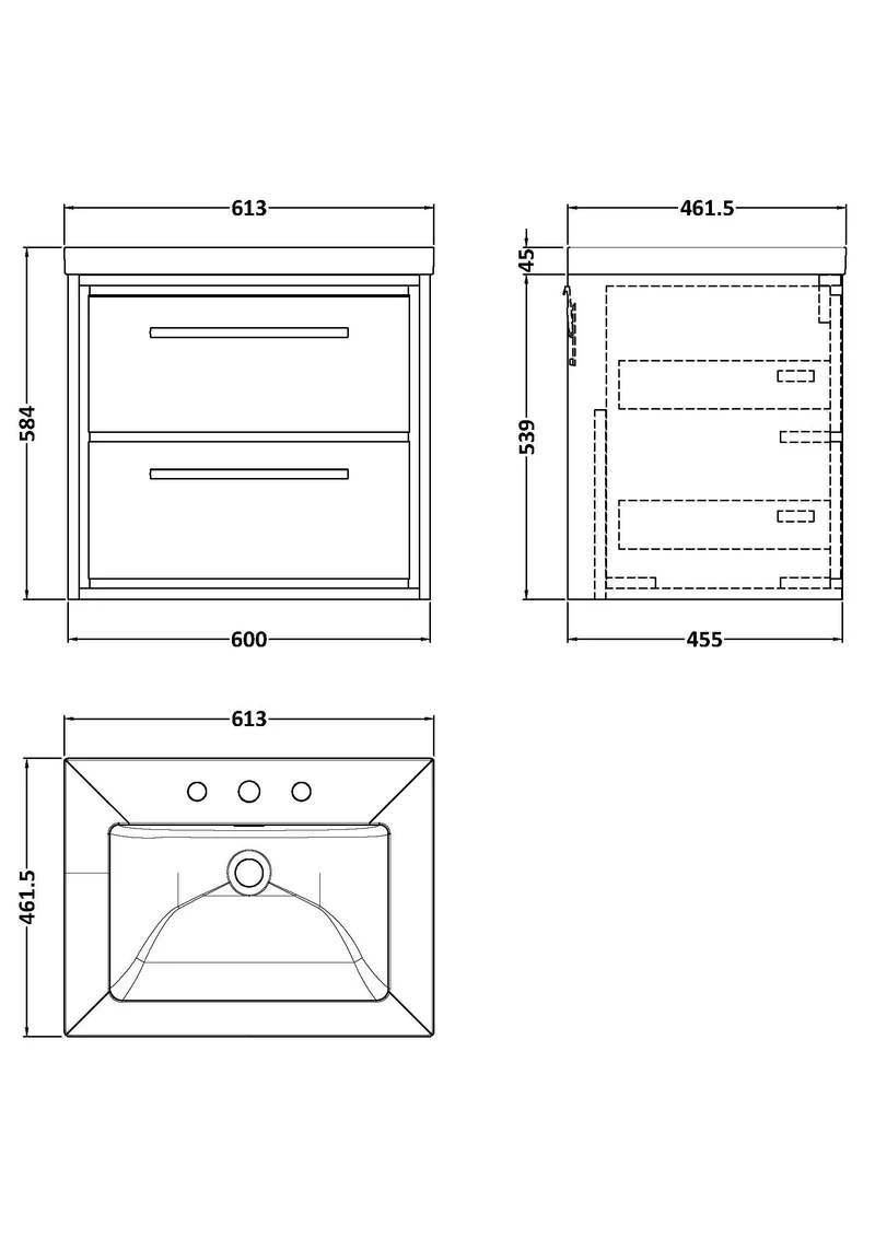 Lille 600mm Wall Hung 2 Drawer Vanity Unit & Modern Fireclay Basin With 3 Tap Holes - Graphite Grey Woodgrain