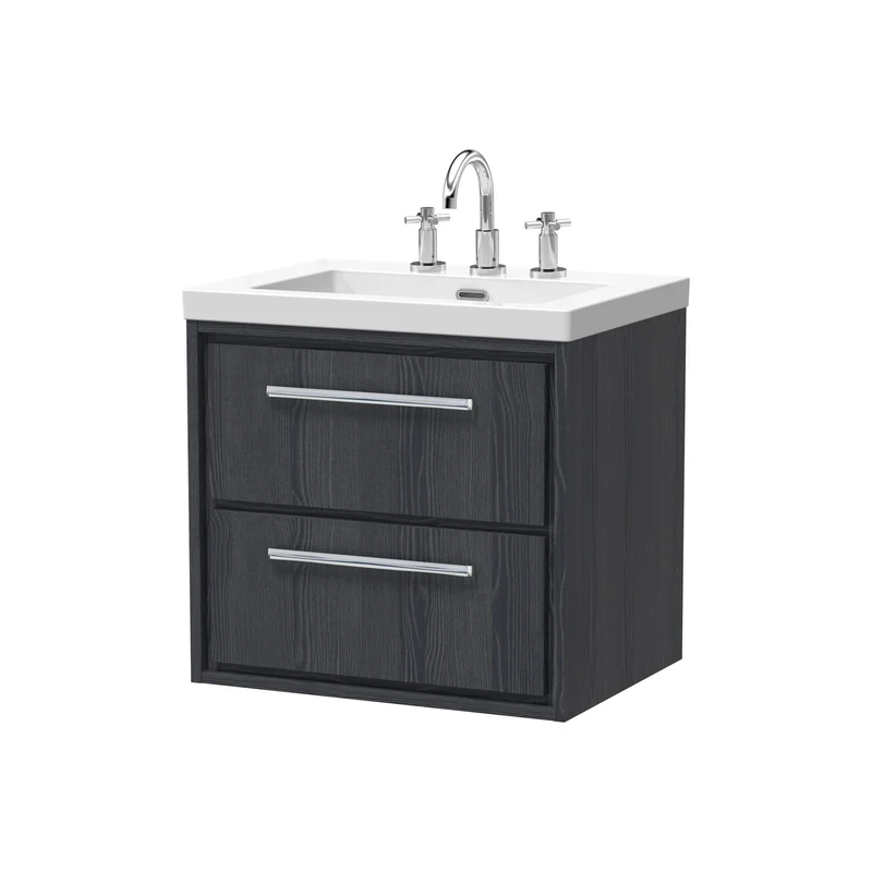Lille 600mm Wall Hung 2 Drawer Vanity Unit & Modern Fireclay Basin With 3 Tap Holes - Graphite Grey Woodgrain