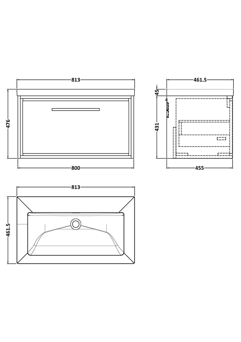 Lille 800mm Wall Hung 1 Drawer Vanity Unit & Modern Fireclay Basin With No Tap Holes - Graphite Grey Woodgrain