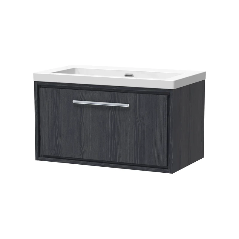 Lille 800mm Wall Hung 1 Drawer Vanity Unit & Modern Fireclay Basin With No Tap Holes - Graphite Grey Woodgrain