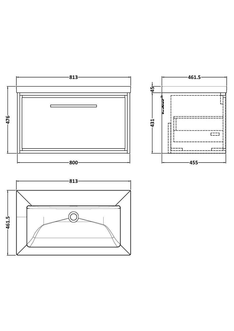 Lille 800mm Wall Hung 1 Drawer Vanity Unit & Modern Fireclay Basin With No Tap Holes - Graphite Grey Woodgrain