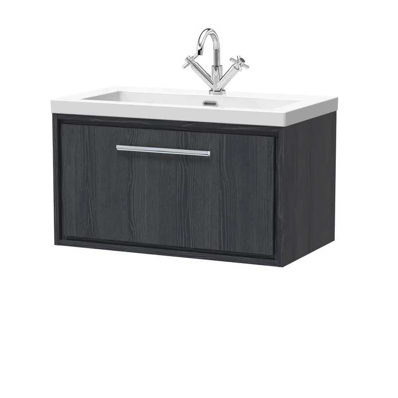 Lille 800mm Wall Hung 1 Drawer Vanity Unit & Modern Fireclay Basin With 1 Tap Hole - Graphite Grey Woodgrain