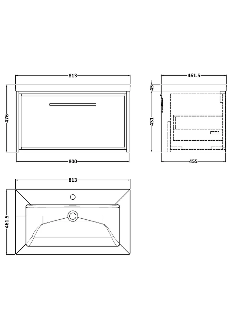 Lille 800mm Wall Hung 1 Drawer Vanity Unit & Modern Fireclay Basin With 1 Tap Hole - Graphite Grey Woodgrain