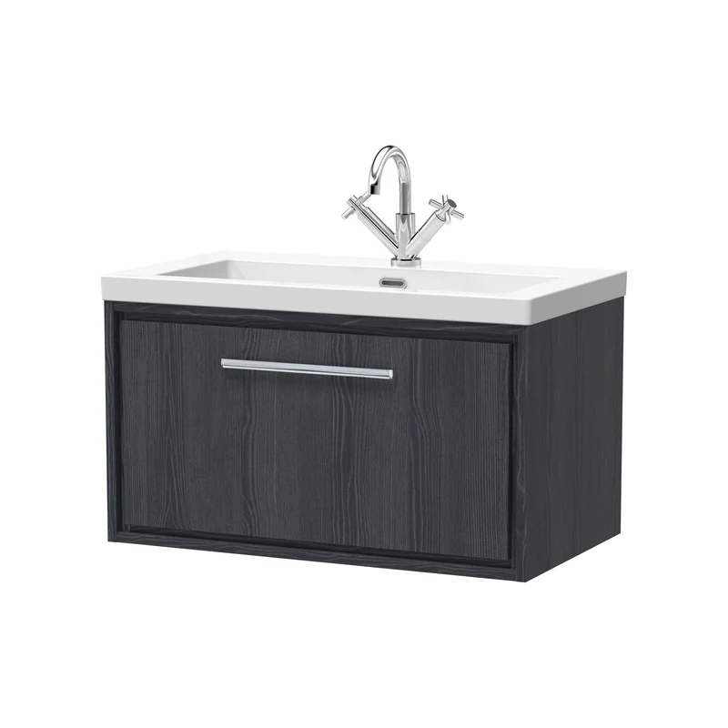 Lille 800mm Wall Hung 1 Drawer Vanity Unit & Modern Fireclay Basin With 1 Tap Hole - Graphite Grey Woodgrain