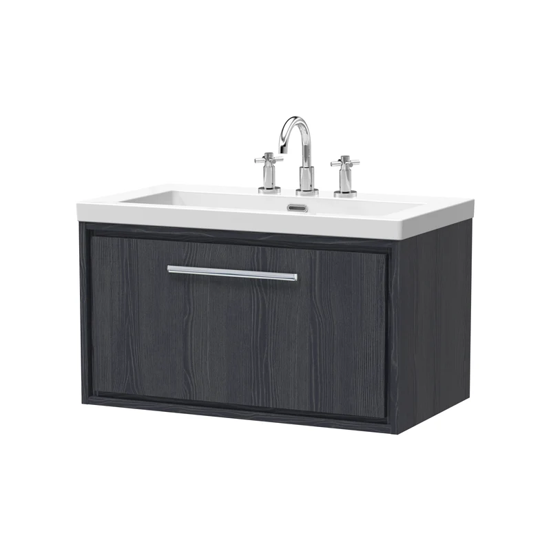 Lille 800mm Wall Hung 1 Drawer Vanity Unit & Modern Fireclay Basin With 3 Tap Holes - Graphite Grey Woodgrain