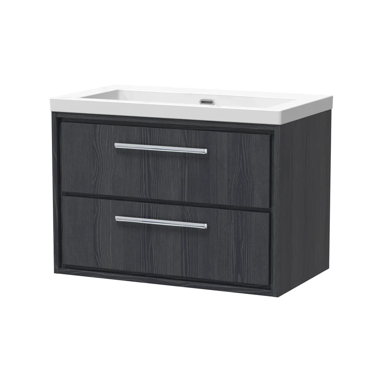 Lille 800mm Wall Hung 2 Drawer Vanity Unit & Modern Fireclay Basin With No Tap Holes - Graphite Grey Woodgrain