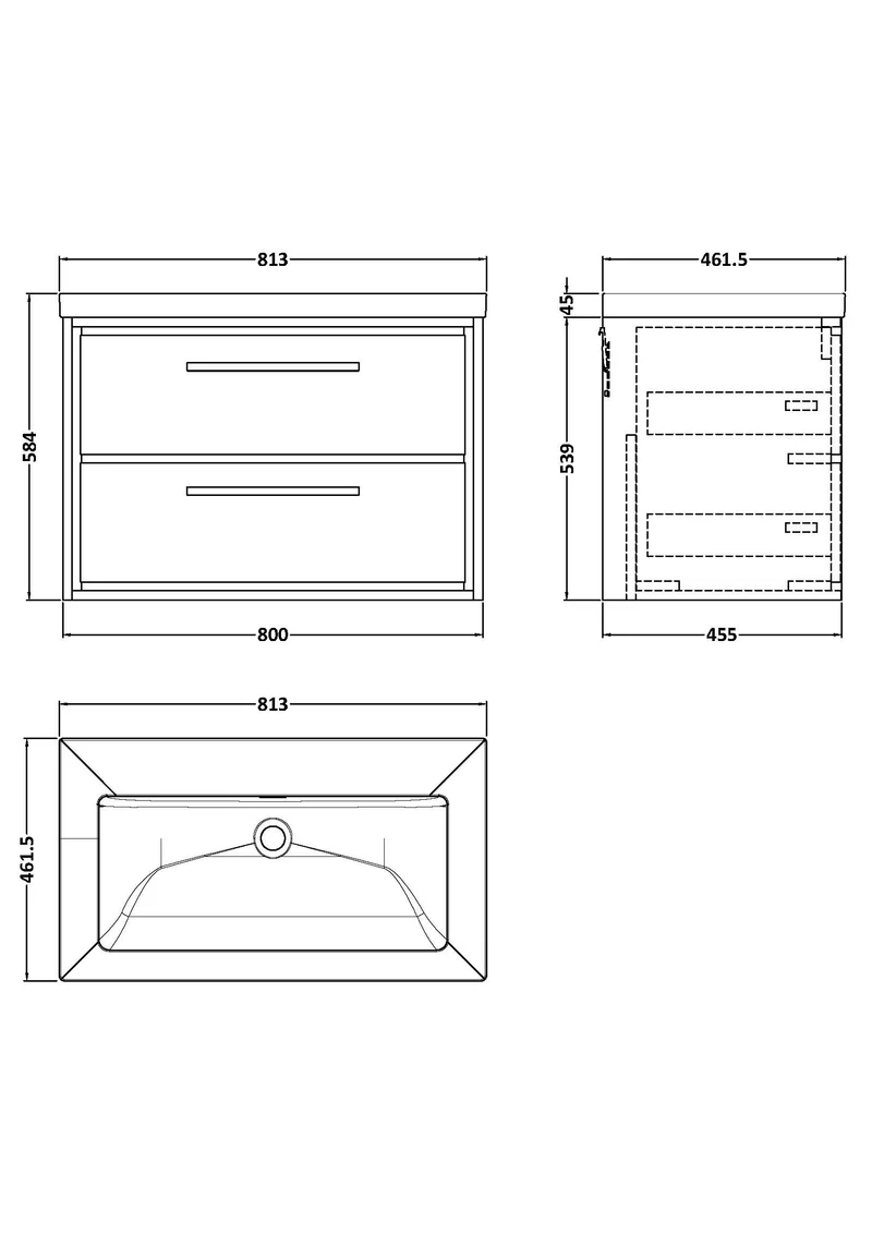 Lille 800mm Wall Hung 2 Drawer Vanity Unit & Modern Fireclay Basin With No Tap Holes - Graphite Grey Woodgrain