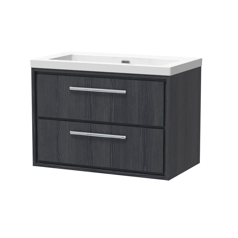 Lille 800mm Wall Hung 2 Drawer Vanity Unit & Modern Fireclay Basin With No Tap Holes - Graphite Grey Woodgrain